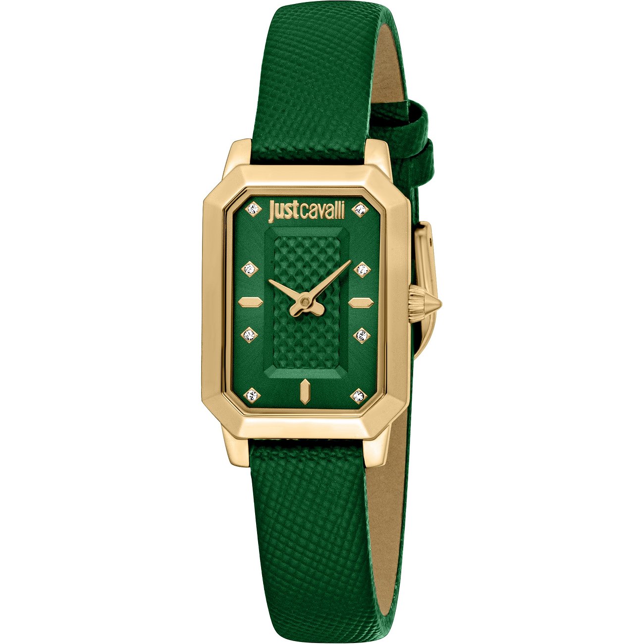 Just Cavalli Damenuhr: Goldfarbener Edelstahl, rechteckiges grünes Zifferblatt, Kristall-Details, grünes Armband.