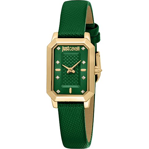 Just Cavalli Damenuhr: Goldfarbener Edelstahl, rechteckiges grünes Zifferblatt, Kristall-Details, grünes Armband.