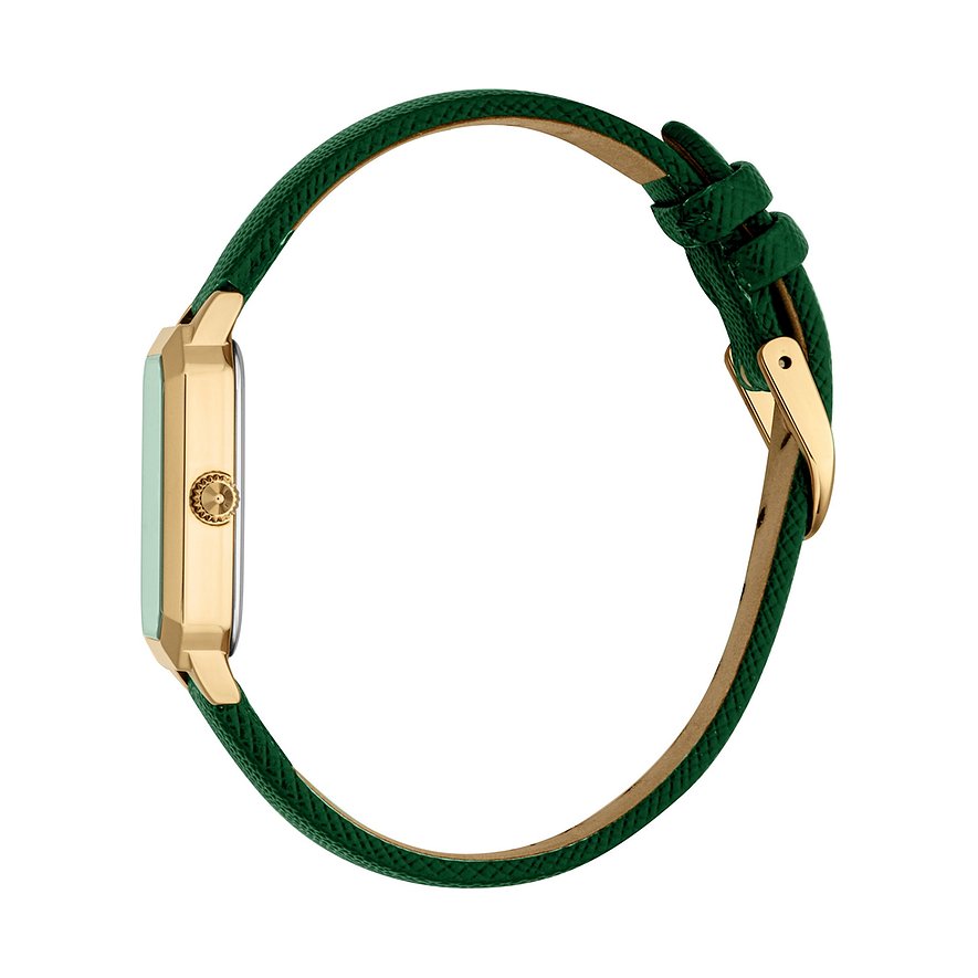 Seitenansicht der Just Cavalli Damenuhr aus goldfarbenem Edelstahl mit rechteckigem Zifferblatt und grünem Armband.