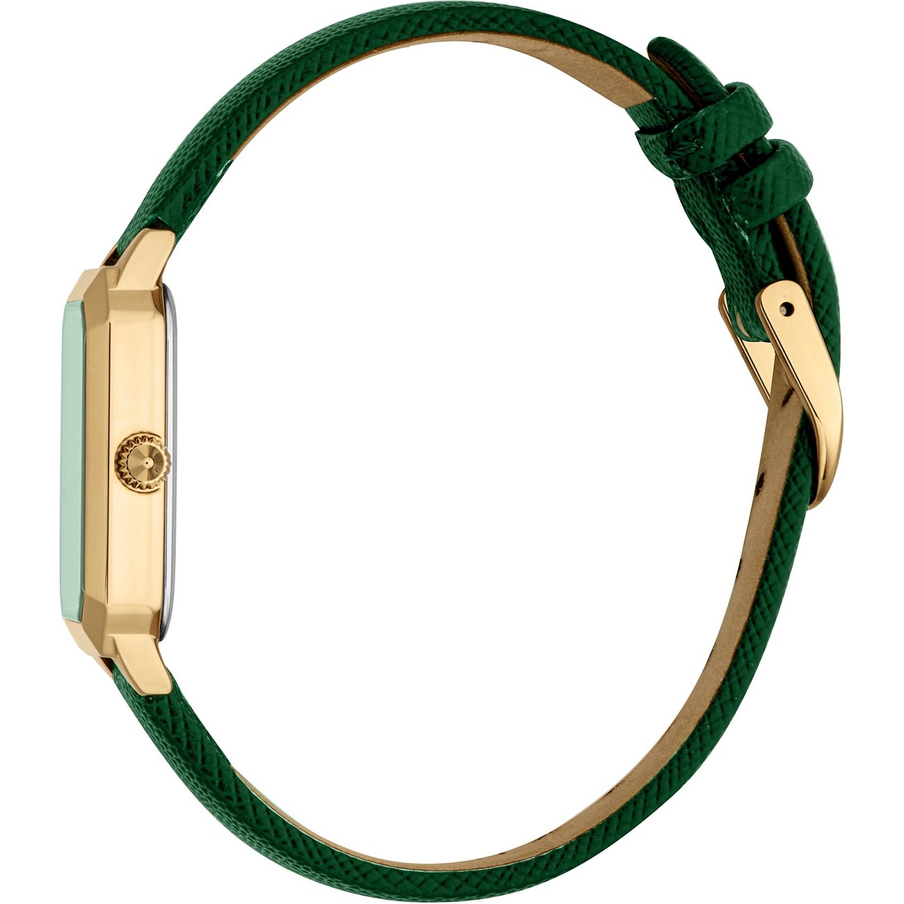 Seitenansicht der Just Cavalli Damenuhr aus goldfarbenem Edelstahl mit rechteckigem Zifferblatt und grünem Armband.