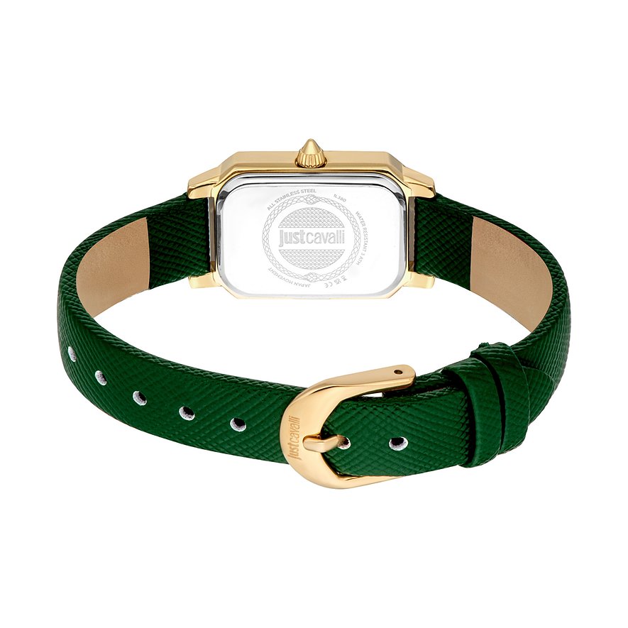 Rückansicht der Just Cavalli Damenuhr aus goldfarbenem Edelstahl mit rechteckigem Gehäuse und grünem Lederarmband.