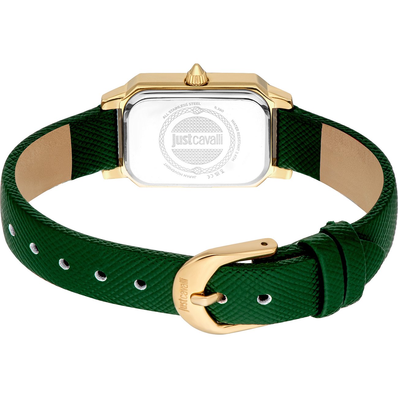 Rückansicht der Just Cavalli Damenuhr aus goldfarbenem Edelstahl mit rechteckigem Gehäuse und grünem Lederarmband.
