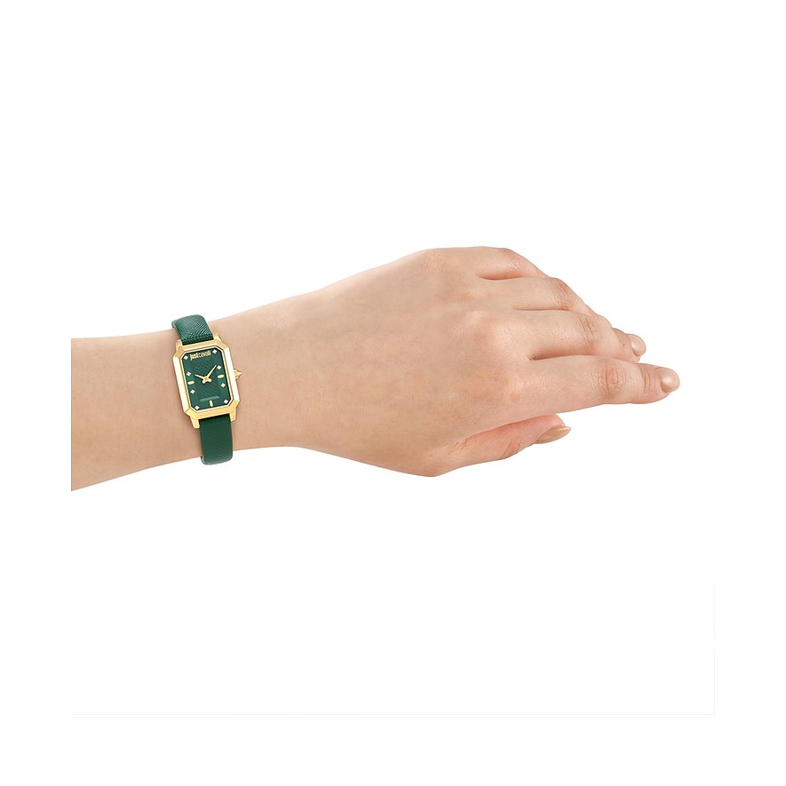 Just Cavalli Damenuhr: Edelstahl, rechteckiges Gehäuse, dunkelgrünes Zifferblatt, grünes Lederarmband.