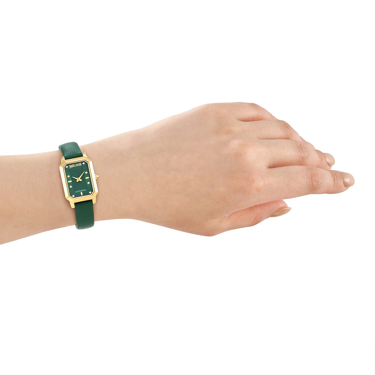 Just Cavalli Damenuhr: Edelstahl, rechteckiges Gehäuse, dunkelgrünes Zifferblatt, grünes Lederarmband.