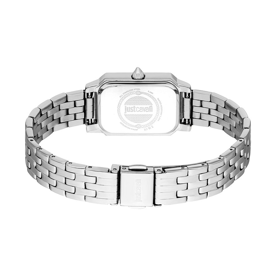 Bagfra af Just Cavalli dameur i rustfrit stål med rektangulært urkasse og armbånd, lås synlig.