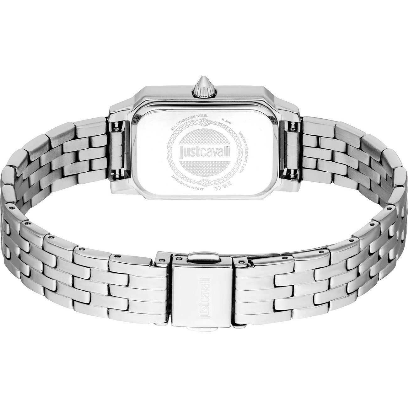 Bagfra af Just Cavalli dameur i rustfrit stål med rektangulært urkasse og armbånd, lås synlig.