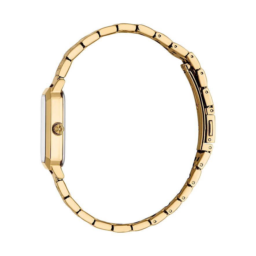 Seitenansicht der rechteckigen Just Cavalli Damenuhr aus goldfarbenem Edelstahl mit kleiner Krone.