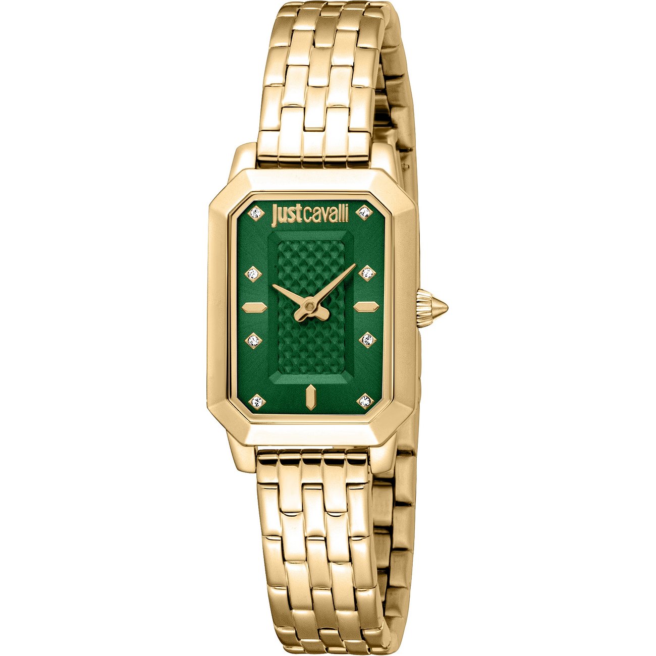Just Cavalli Damenuhr aus goldfarbenem Edelstahl mit rechteckigem Zifferblatt und grünen Farbsteinen.