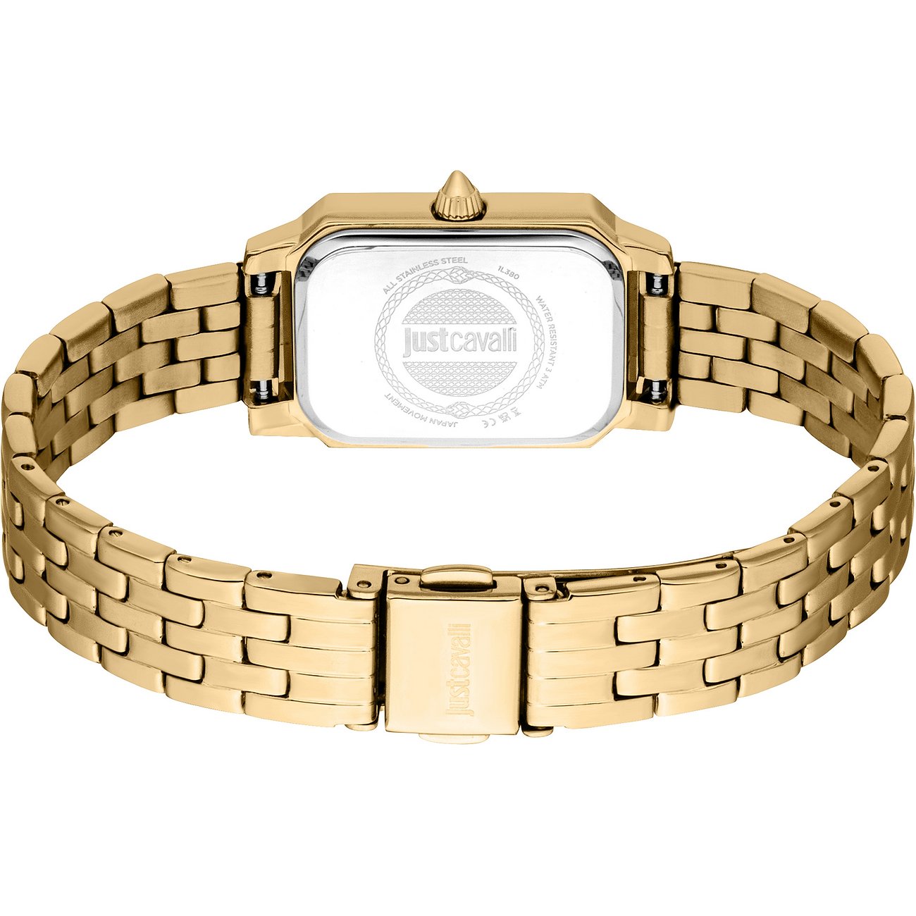 Rückseite einer Just Cavalli Damenuhr aus goldfarbenem Edelstahl mit rechteckigem Gehäuse und Armbandverschluss.