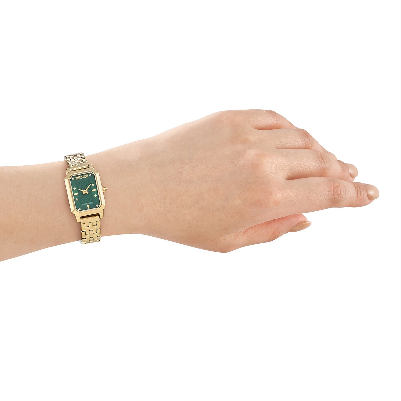 Just Cavalli Damenuhr aus goldfarbenem Edelstahl, rechteckigem grünem Zifferblatt und Quarzkristallverzierung.