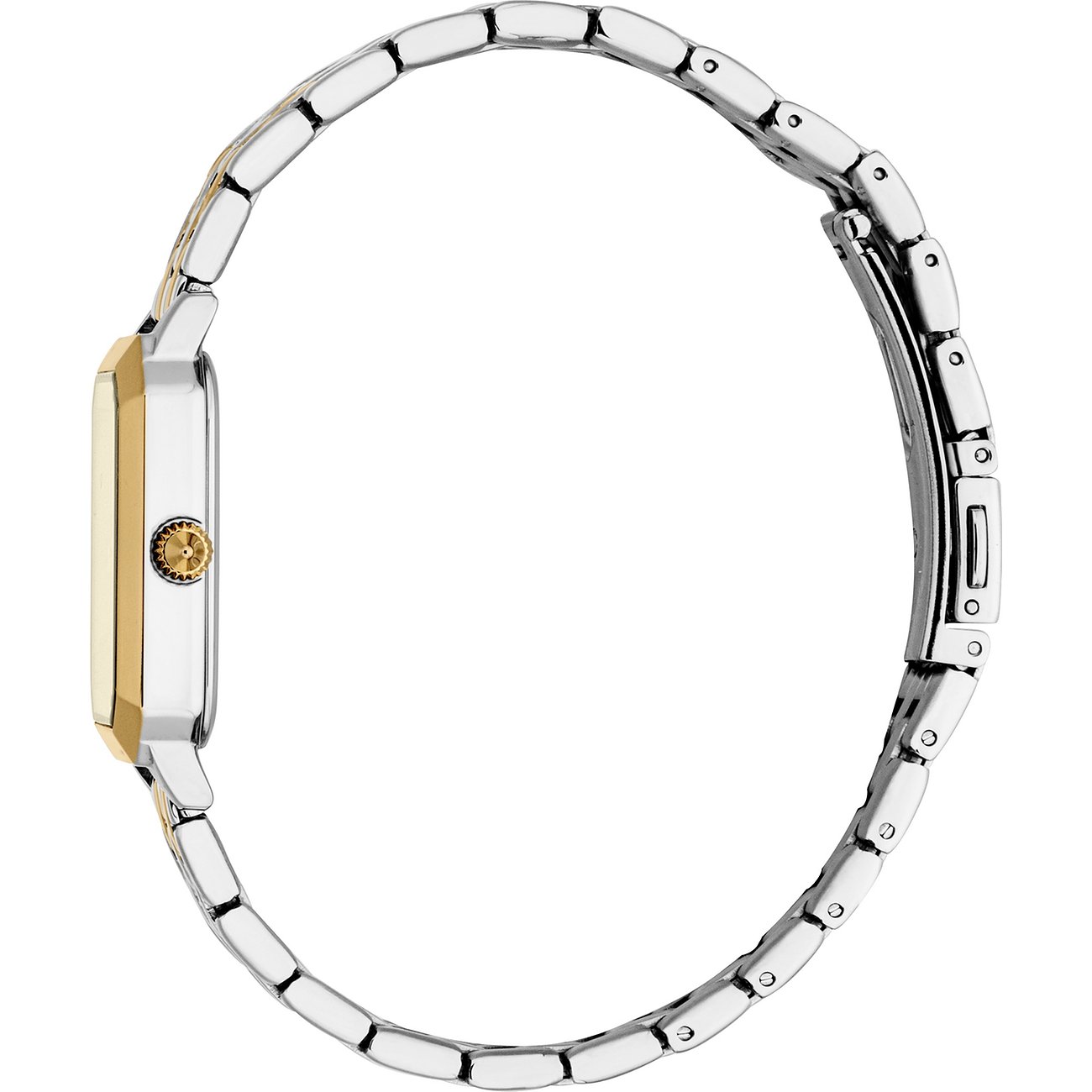 Seitenansicht der rechteckigen Just Cavalli Damenuhr aus Edelstahl mit goldenem Rand und Krone, gold-silbernes Band.