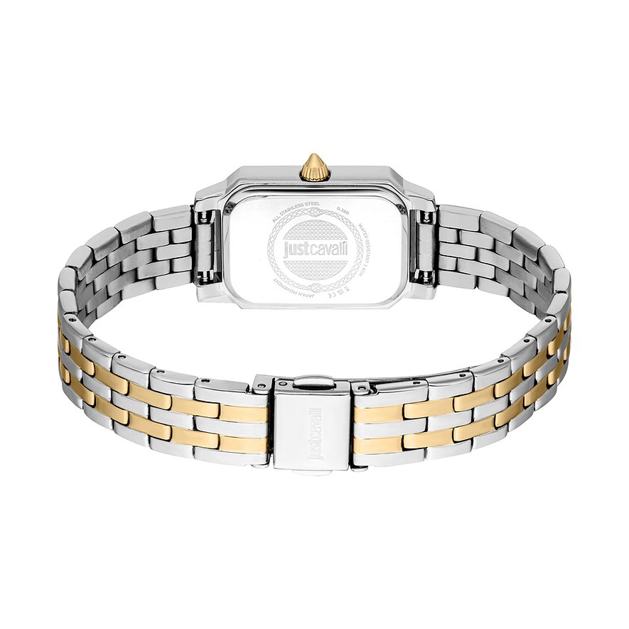 Rückseite einer Just Cavalli Damenuhr aus Edelstahl mit eckigem Gehäuse und zweifarbigem gold-silbernem Band.
