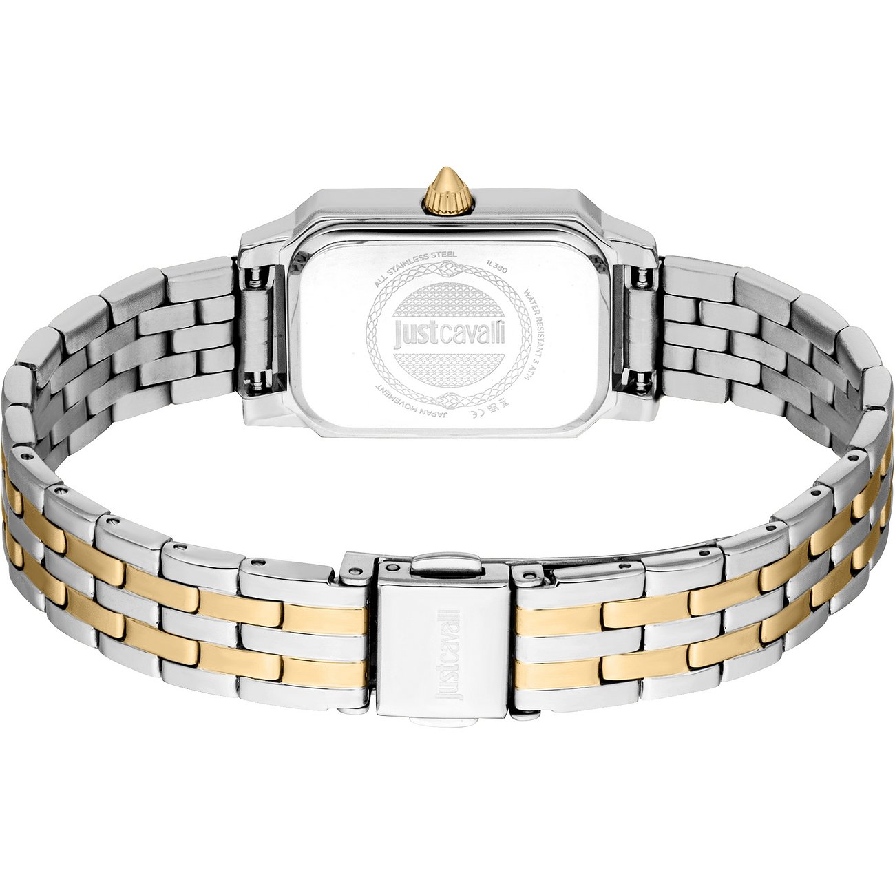 Rückseite einer Just Cavalli Damenuhr aus Edelstahl mit eckigem Gehäuse und zweifarbigem gold-silbernem Band.