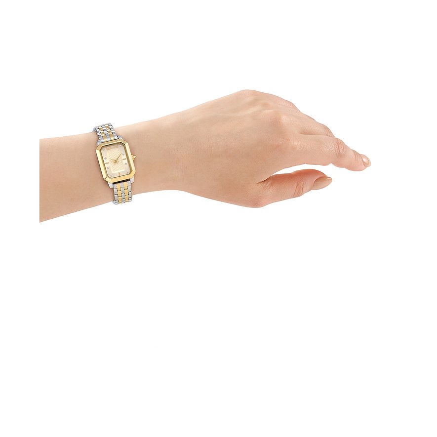 Am Handgelenk getragene Just Cavalli Damenuhr aus gold- und silberfarbenem Edelstahl mit rechteckigem Zifferblatt.