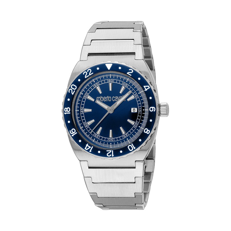 Just Cavalli Herrenuhr aus Edelstahl mit blauem Zifferblatt und silbernem Armband, aus der Vogelperspektive gesehen.