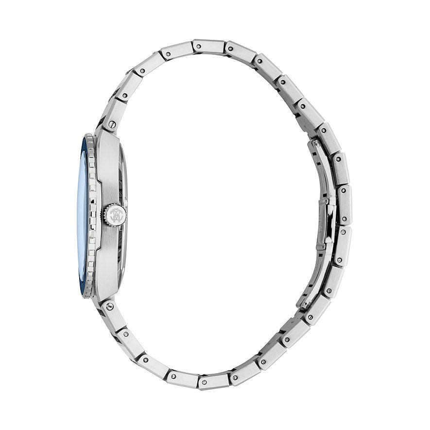 Seitenansicht einer Just Cavalli Herrenuhr aus blauem Edelstahl mit einem blauen Zifferblatt und silbernem Armband.