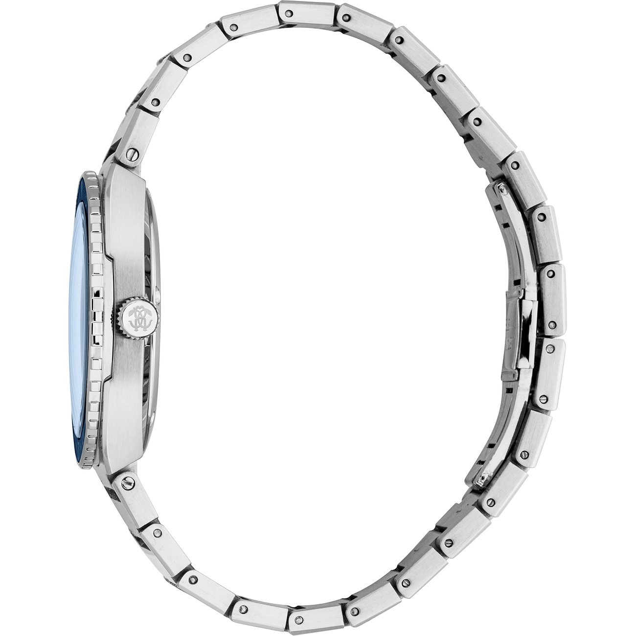 Seitenansicht einer Just Cavalli Herrenuhr aus blauem Edelstahl mit einem blauen Zifferblatt und silbernem Armband.