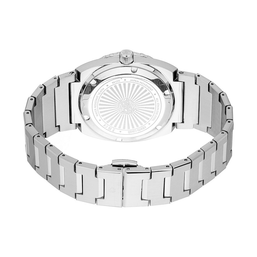 Rückansicht der Just Cavalli Herrenuhr aus Edelstahl mit eingraviertem Markenlogo und technischen Details.