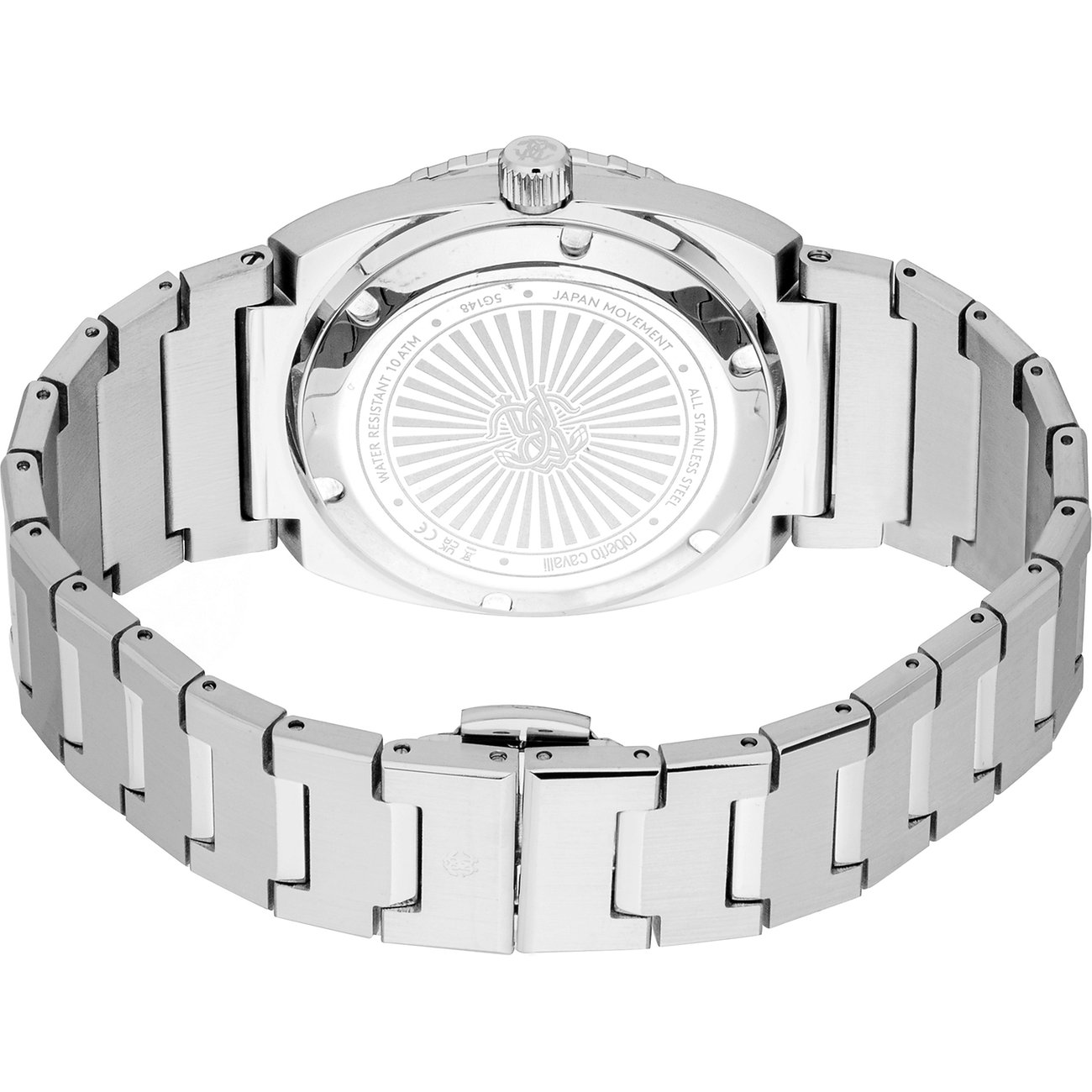 Rückansicht der Just Cavalli Herrenuhr aus Edelstahl mit eingraviertem Markenlogo und technischen Details.