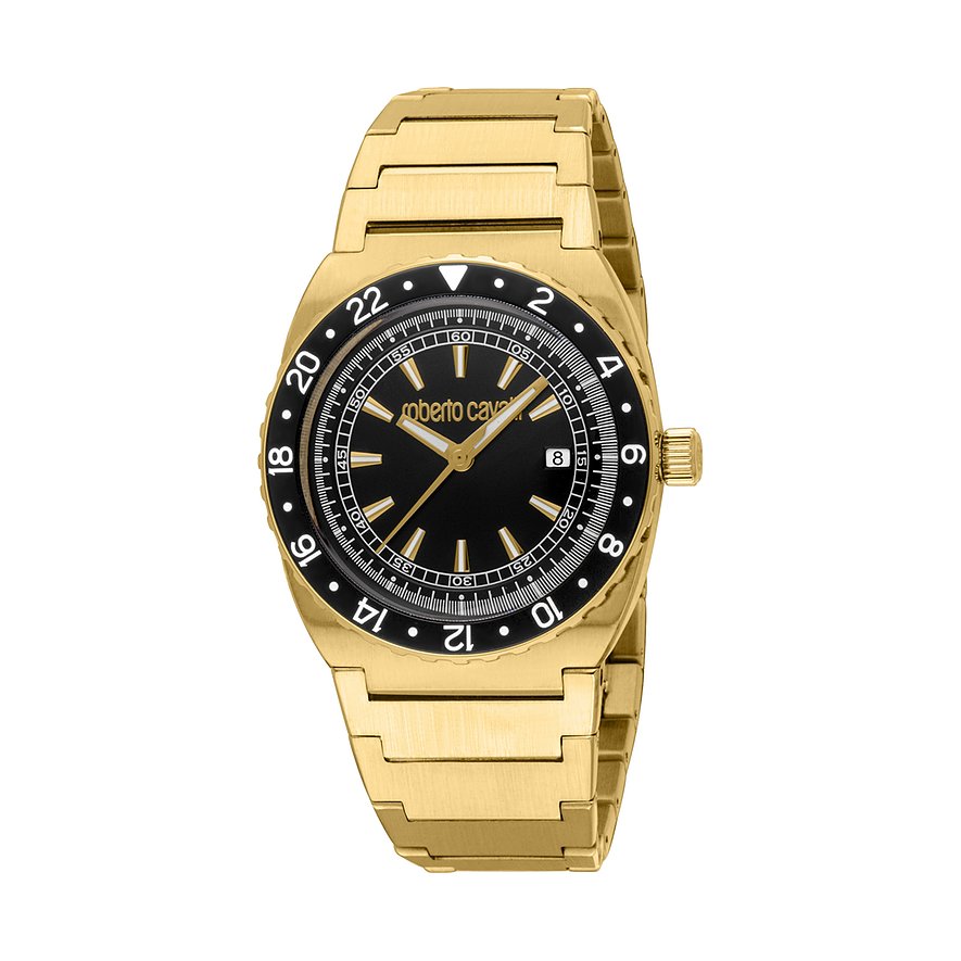 Just Cavalli Herrenuhr aus goldfarbenem Edelstahl mit schwarzem Zifferblatt und goldfarbenen Zeigern.