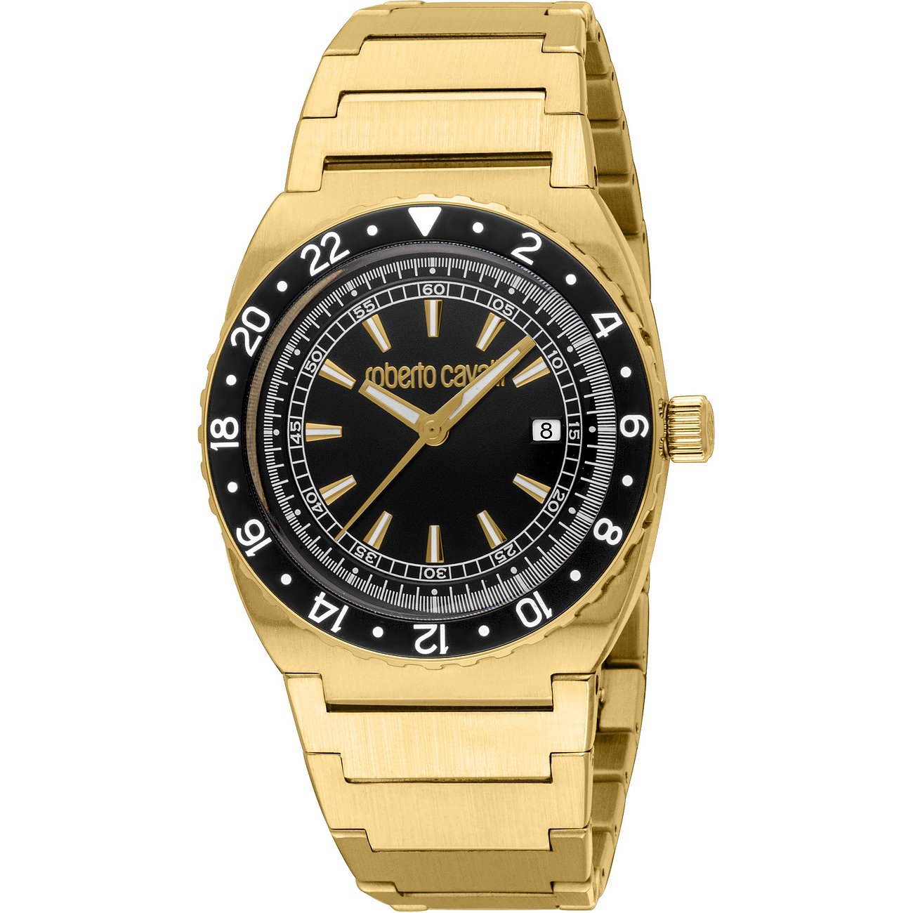 Just Cavalli Herrenuhr aus goldfarbenem Edelstahl mit schwarzem Zifferblatt und goldfarbenen Zeigern.