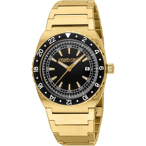Just Cavalli Herrenuhr aus goldfarbenem Edelstahl mit schwarzem Zifferblatt und goldfarbenen Zeigern.