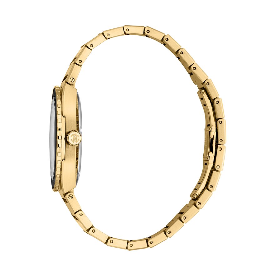 Seitenansicht der Herrenuhr von Just Cavalli aus goldenem Edelstahl mit detaillierter Krone.