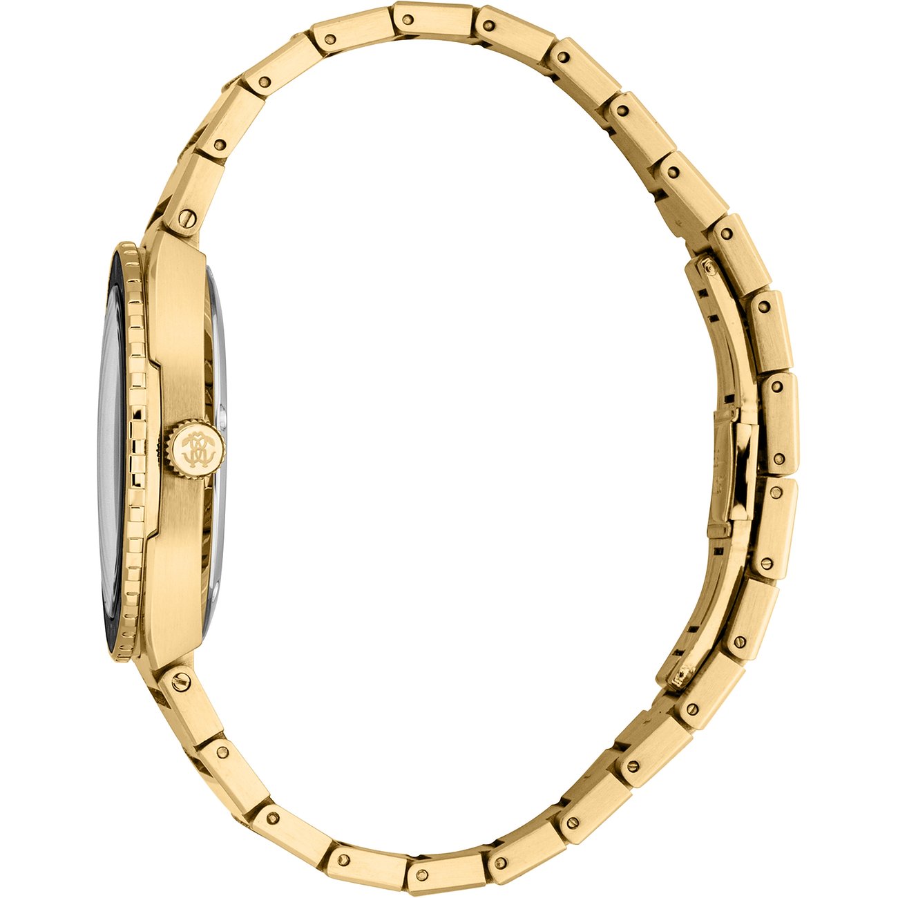 Seitenansicht der Herrenuhr von Just Cavalli aus goldenem Edelstahl mit detaillierter Krone.