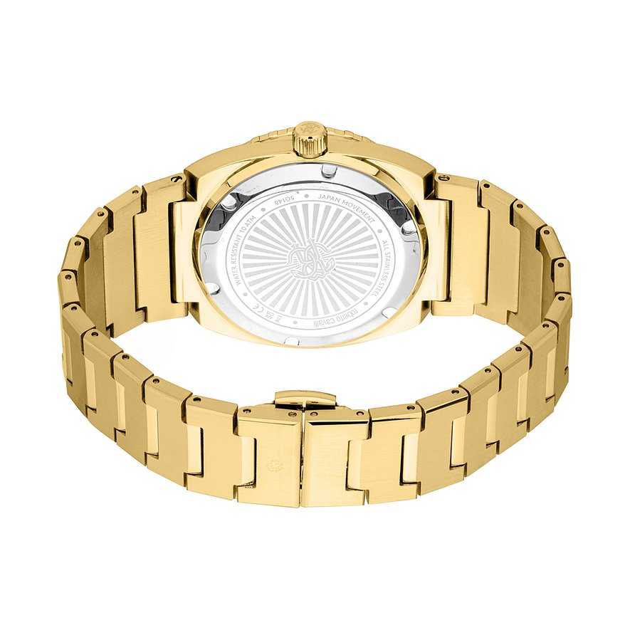 Rückansicht der Just Cavalli Herrenuhr aus goldfarbenem Edelstahl mit eingraviertem Details auf dem Gehäuseboden.