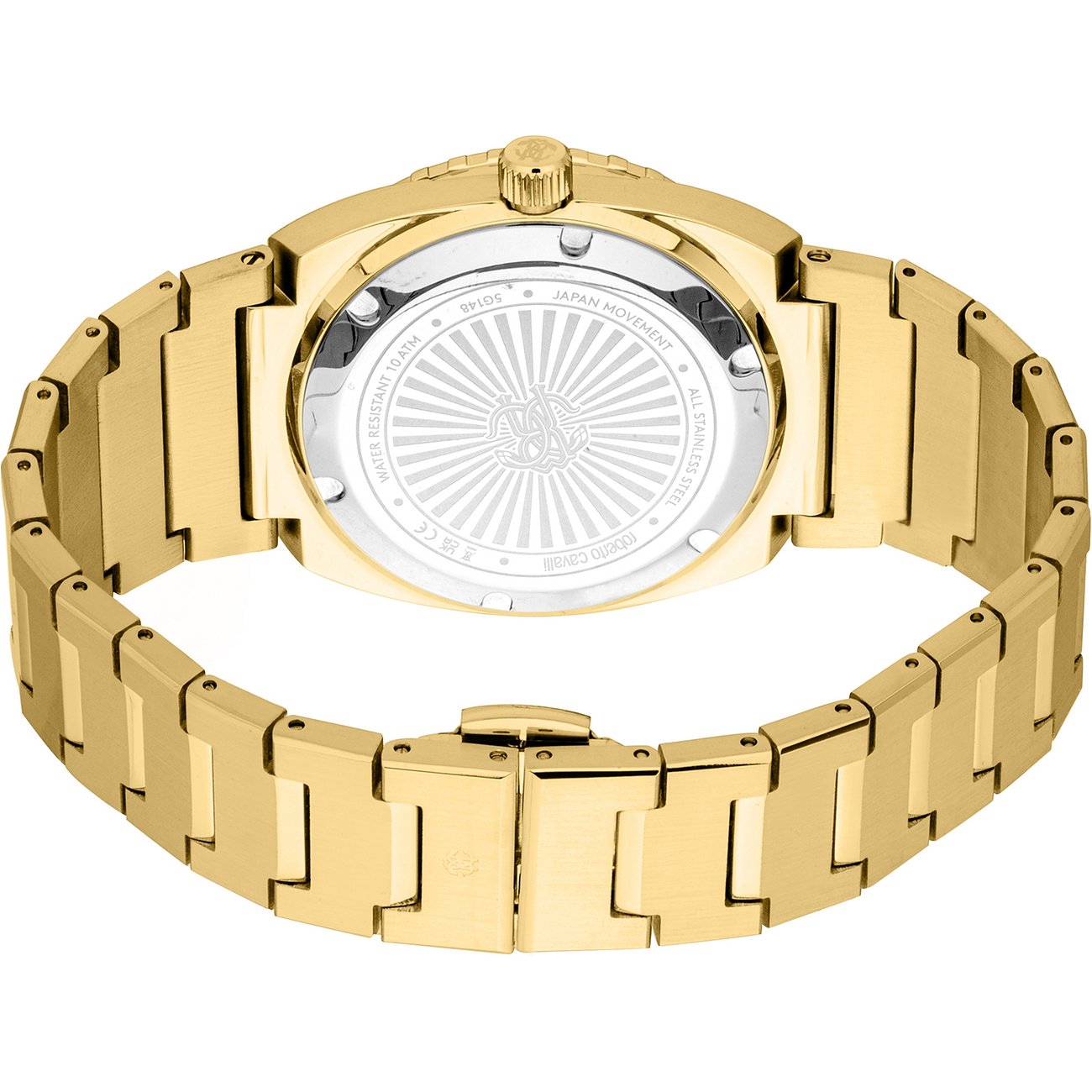 Rückansicht der Just Cavalli Herrenuhr aus goldfarbenem Edelstahl mit eingraviertem Details auf dem Gehäuseboden.