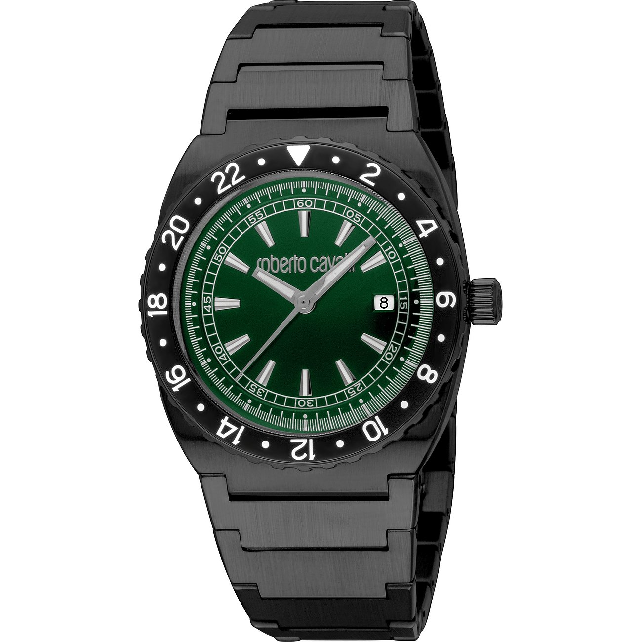 Just Cavalli Herrenuhr aus schwarzem Edelstahl mit grünem Zifferblatt und weißer Datumsanzeige auf weißem Hintergrund.