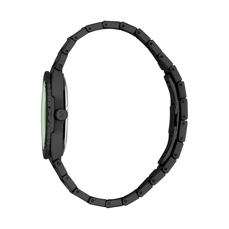 Seitenansicht der Herrenuhr von Just Cavalli aus schwarzem Edelstahl mit grünlich schimmerndem Zifferblatt.
