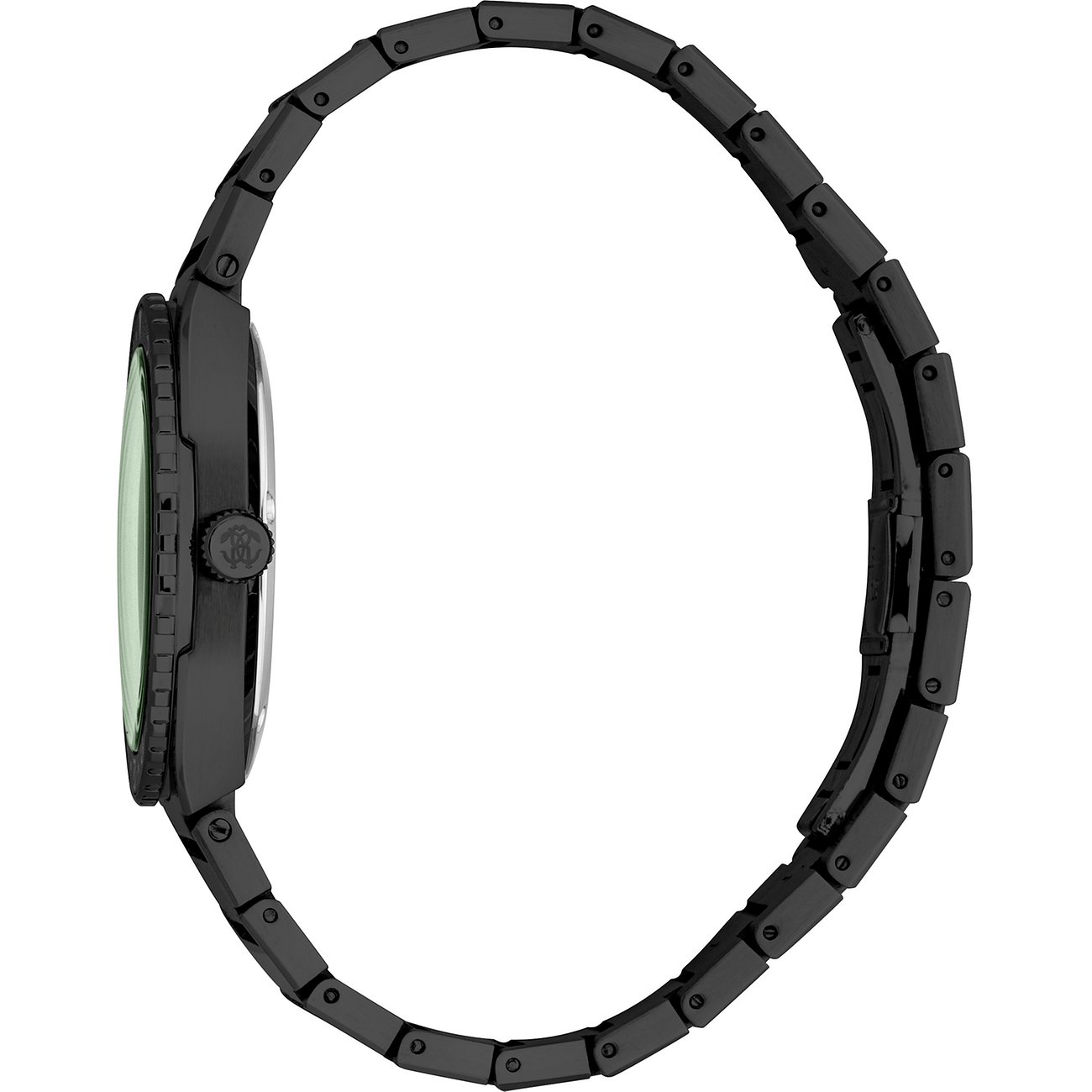 Seitenansicht der Herrenuhr von Just Cavalli aus schwarzem Edelstahl mit grünlich schimmerndem Zifferblatt.