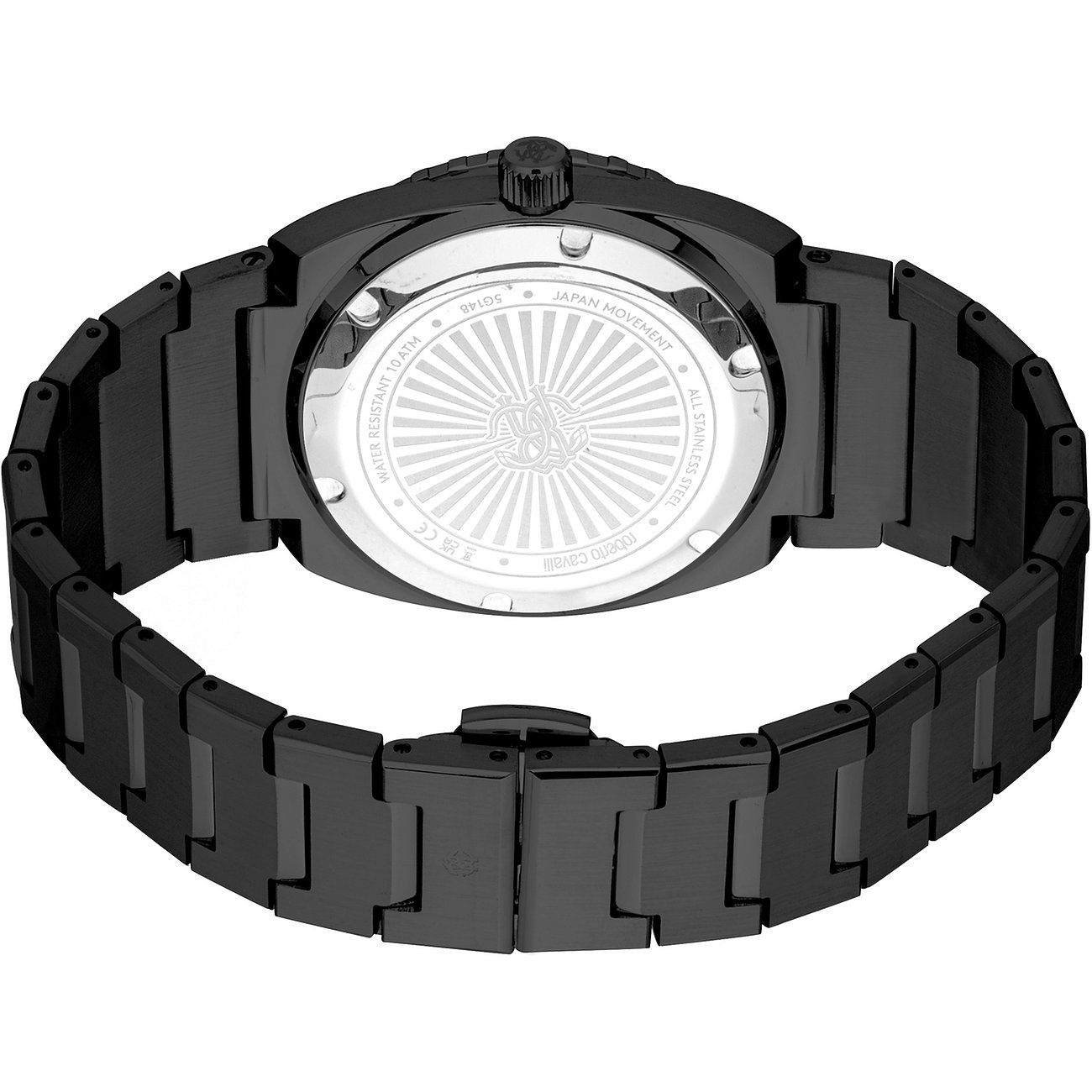 Rückseite einer Just Cavalli Herrenuhr aus schwarzem Edelstahl mit graviertem Gehäuseboden auf weißem Hintergrund.