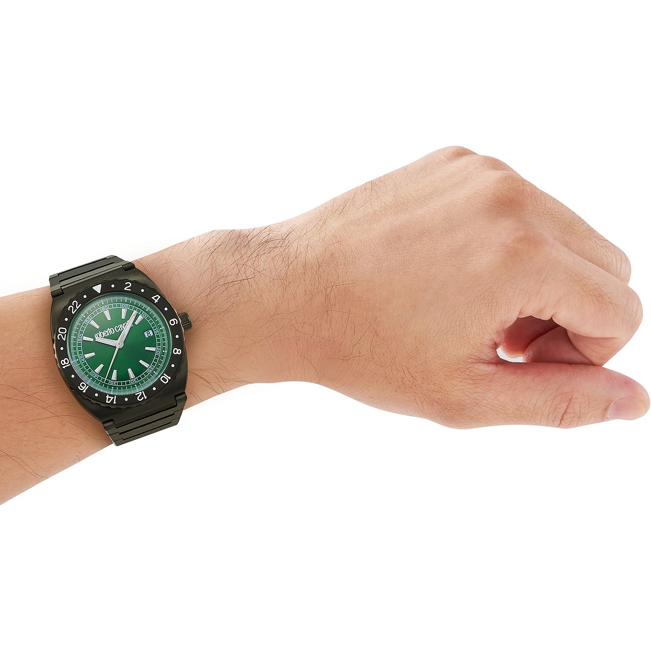 Ein am Handgelenk getragener Just Cavalli Edelstahl-Herrenuhr mit grünem Zifferblatt und schwarzem Armband.