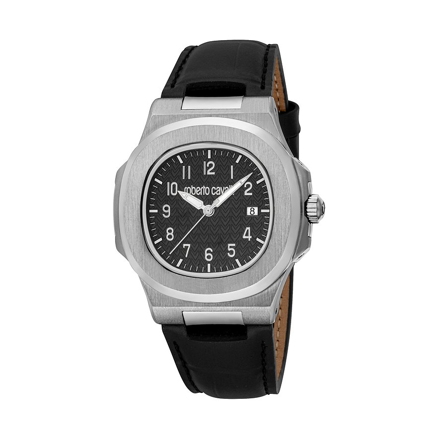 Just Cavalli Herrenuhr aus Edelstahl mit schwarzem Lederarmband und schwarzem Zifferblatt mit Datumsanzeige.