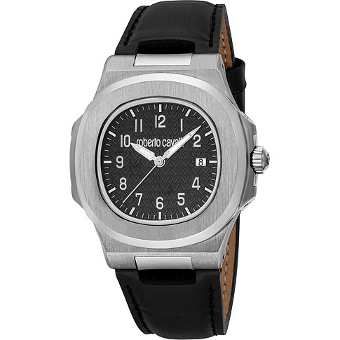 Just Cavalli Herrenuhr aus Edelstahl mit schwarzem Lederarmband und schwarzem Zifferblatt mit Datumsanzeige.