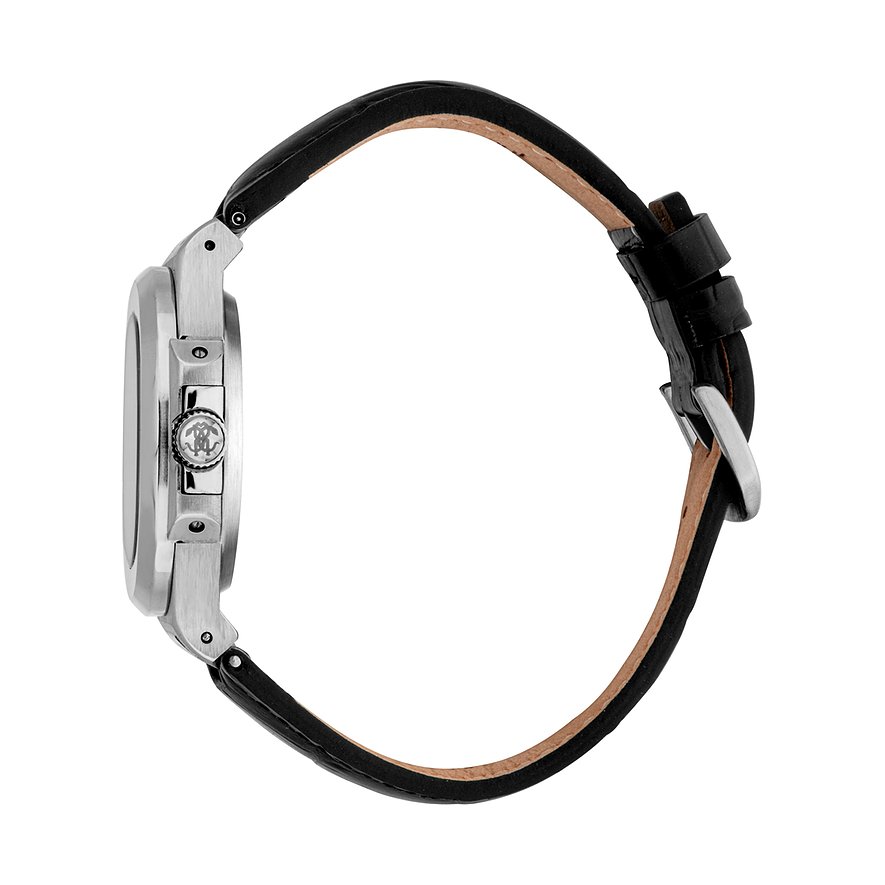 Seitenansicht der Just Cavalli Herrenuhr aus silbernem Edelstahl mit schwarzem Lederarmband und Dornschließe.