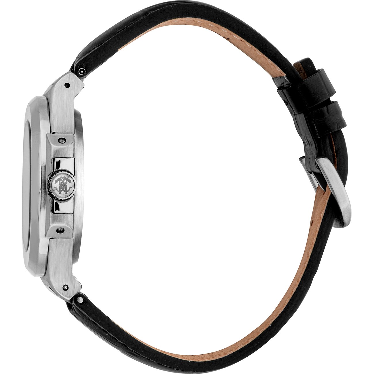 Seitenansicht der Just Cavalli Herrenuhr aus silbernem Edelstahl mit schwarzem Lederarmband und Dornschließe.