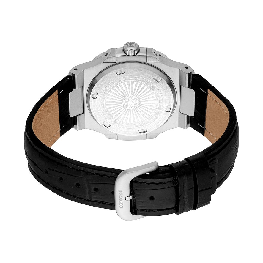 Rückansicht der Just Cavalli Herrenuhr aus Edelstahl mit dem schwarzen Lederarmband und der Dornschließe.