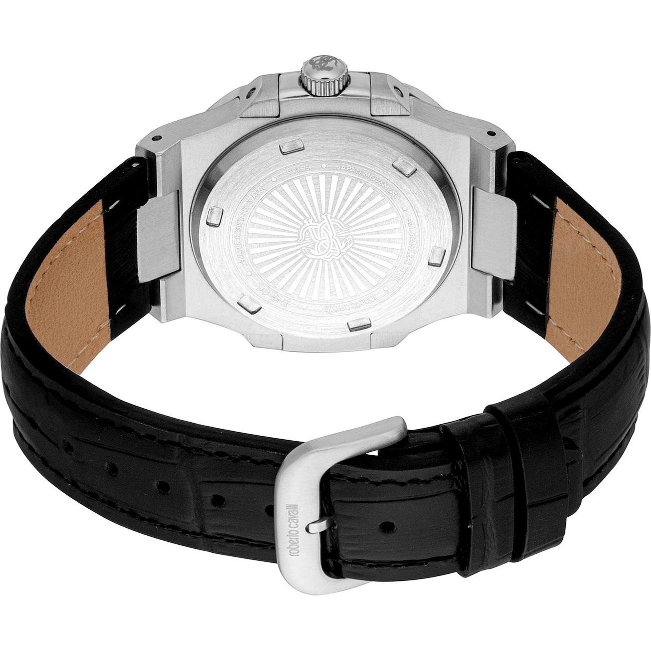 Rückansicht der Just Cavalli Herrenuhr aus Edelstahl mit dem schwarzen Lederarmband und der Dornschließe.