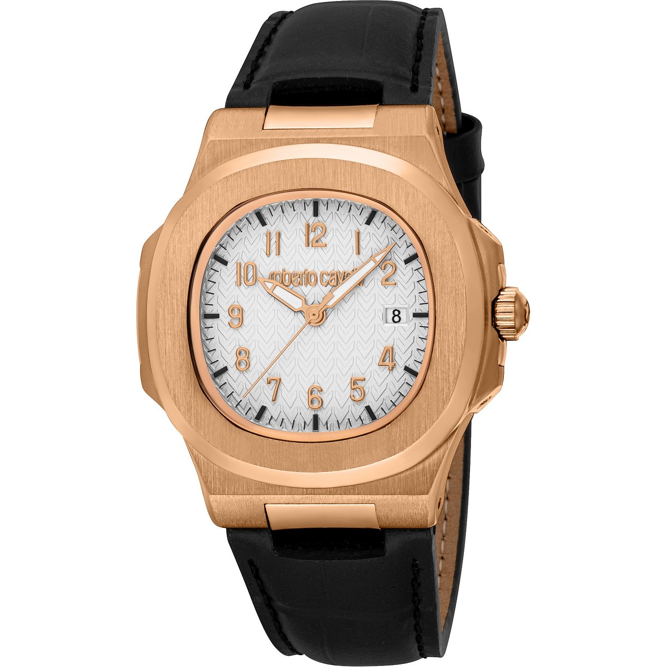 Just Cavalli herenhorloge, goudkleurig edelstaal met zwarte lederen band en witte wijzerplaat, schuin bovenaanzicht.