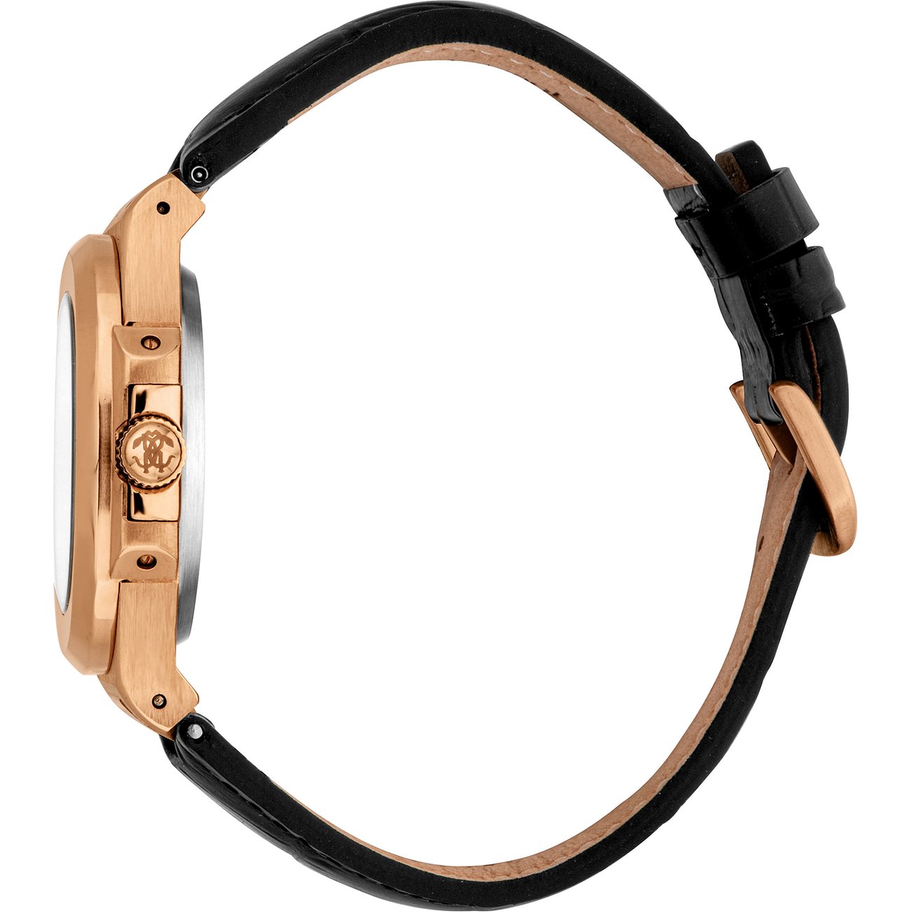 Zijaanzicht van Just Cavalli herenhorloge in roségoudkleurig roestvrij staal met een zwart lederen band.