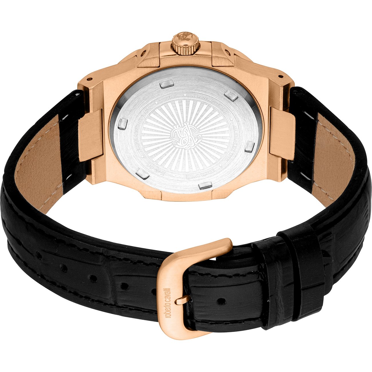 Achteraanzicht van het Just Cavalli herenhorloge van roségoudkleurig edelstaal met zwarte lederen band en gesp.
