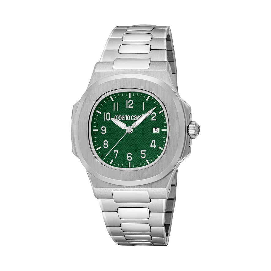 Orologio Just Cavalli da uomo in acciaio inox, cassa quadrata e quadrante verde allineato a ore 11.