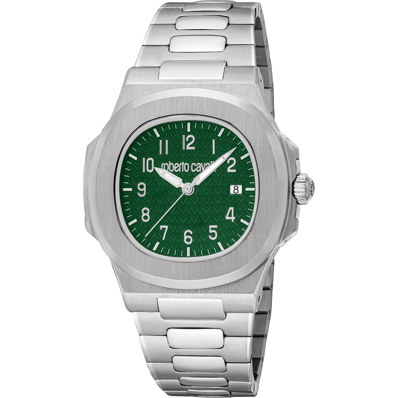 Orologio Just Cavalli da uomo in acciaio inox, cassa quadrata e quadrante verde allineato a ore 11.