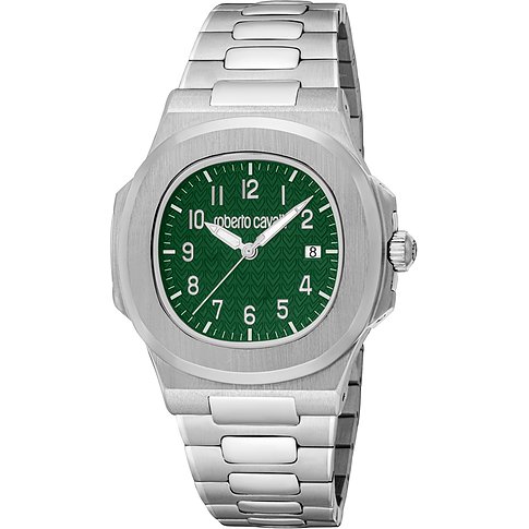 Just Cavalli Herrenuhr aus Edelstahl mit eckigem Gehäuse und grünem Zifferblatt bei 11 Uhr ausgerichtet.