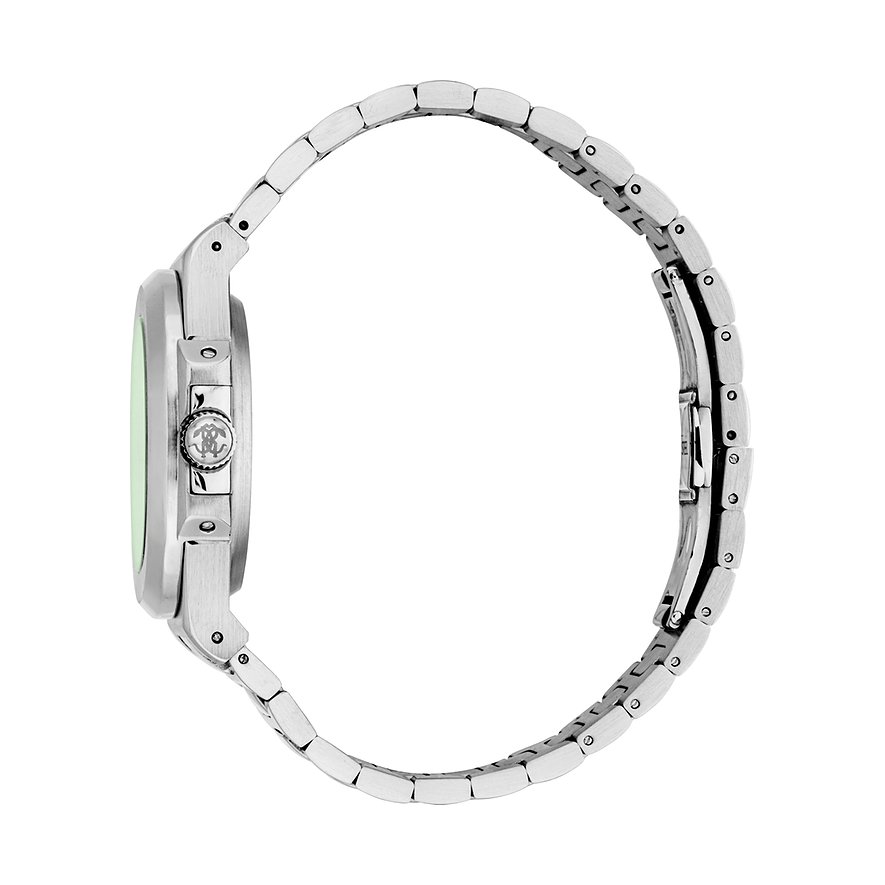 Vista laterale di un orologio da uomo Just Cavalli in acciaio inossidabile color argento con quadrante verde chiaro.