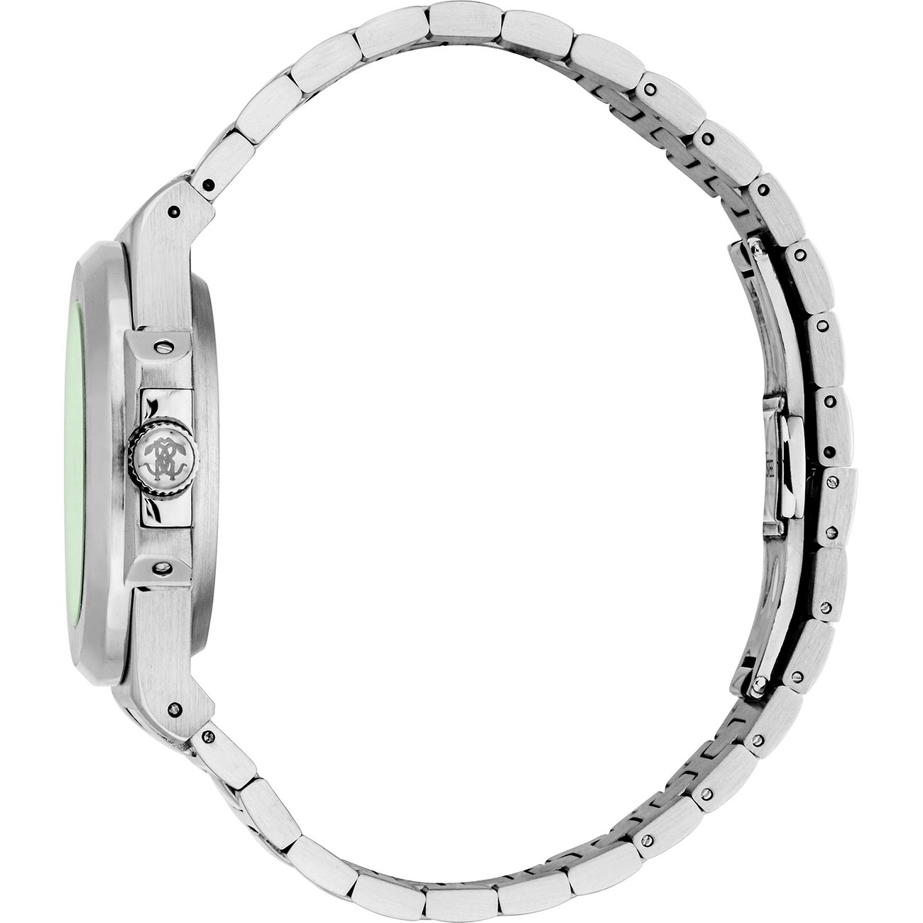 Vista laterale di un orologio da uomo Just Cavalli in acciaio inossidabile color argento con quadrante verde chiaro.