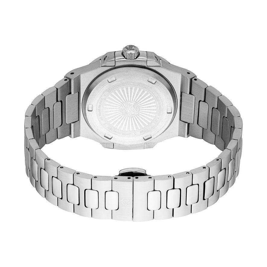 Vista posteriore dell'orologio da uomo Just Cavalli in acciaio inossidabile color argento con fondello inciso.